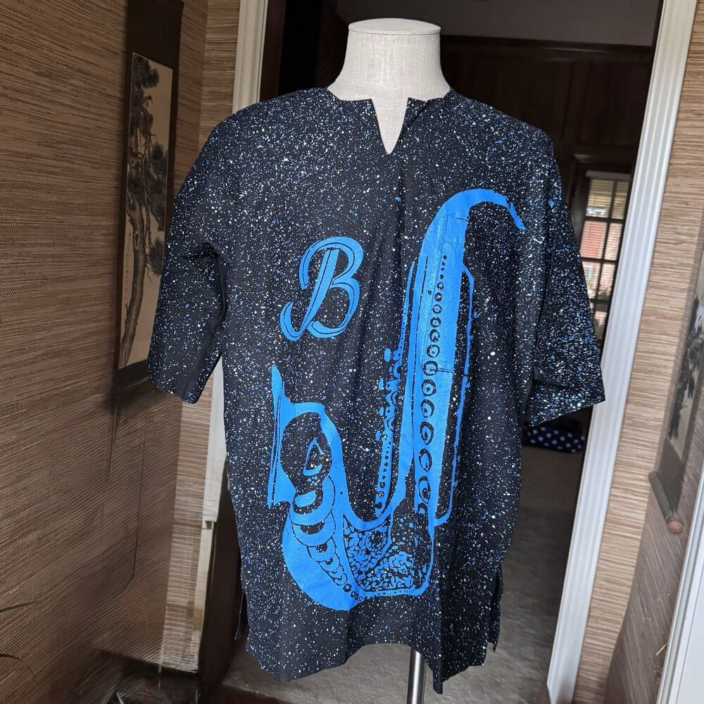 Vintage Hand Painted Men’s Dashiki Shirt Saxophone 2X